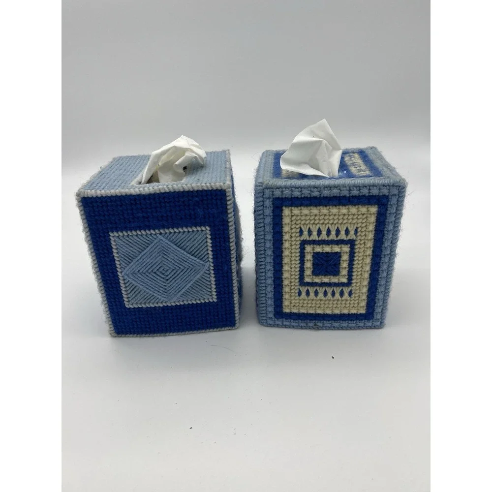 Vintage NEEDLEPOINT TISSUE BOX COVER LOT blue Finished Art MCM Grannycore decor